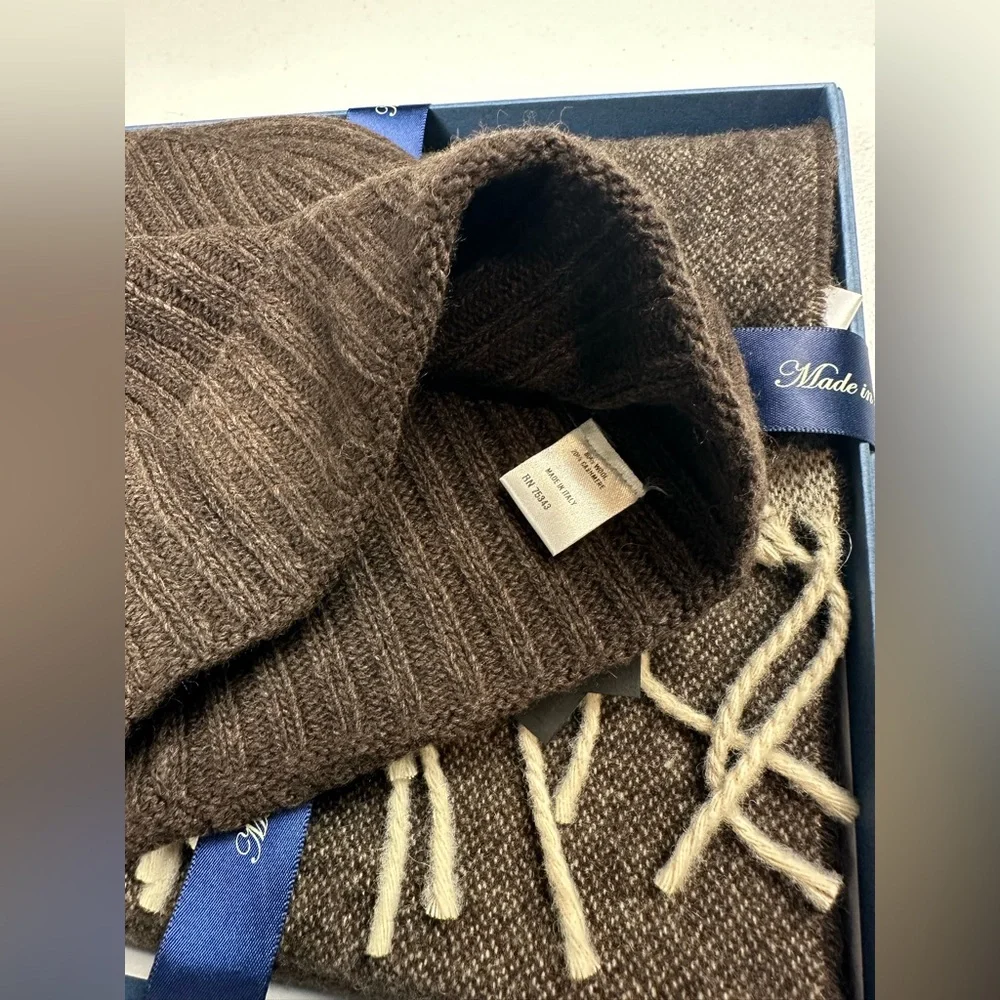 ITALIAN WOOLLEN TREASURES MENS BROWN WOOL/CASHMERE SCARF &‎ HAT WINTER SET ITALY